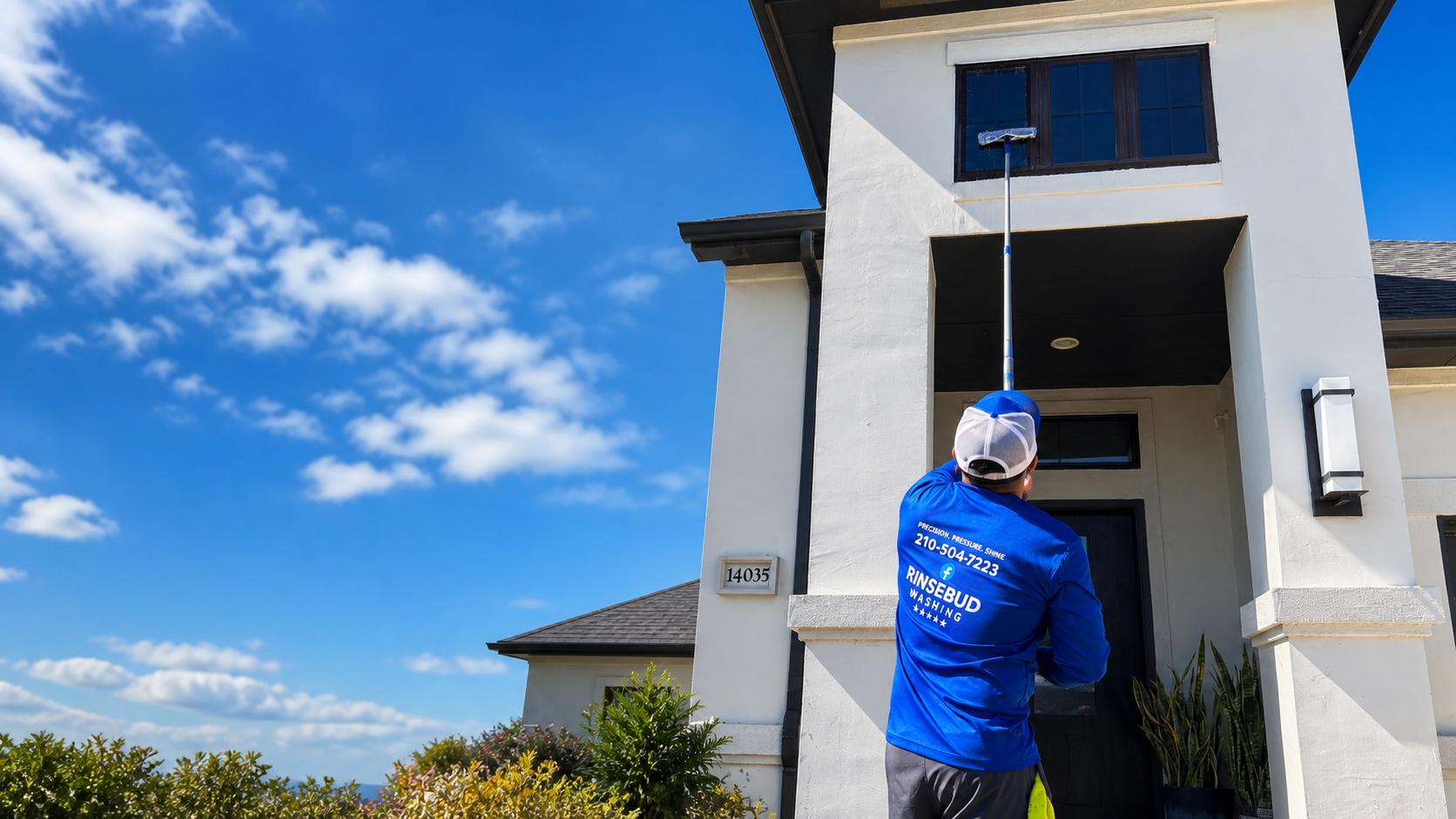 RinseBud technician professionally cleaning exterior windows